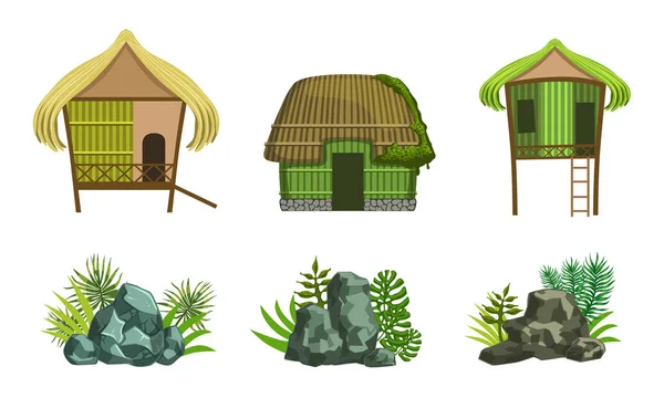 Conjunto de casas de playa y piedras rocosas, cabañas de paja, bungalow, elementos de diseño de paisajes tropicales Vector Illustration — Vector de stock