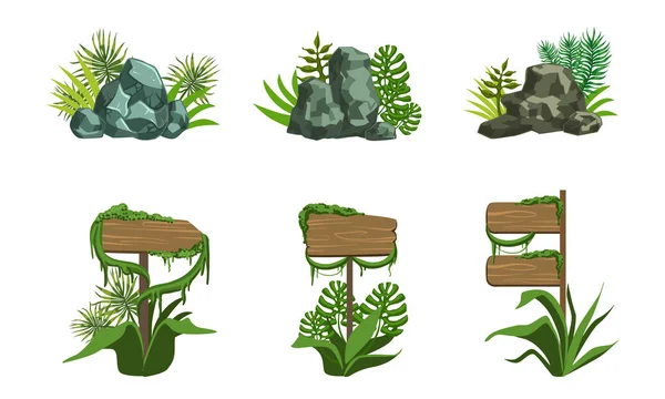 Letreros de madera y piedras de roca, elementos de diseño de paisaje tropical Vector Ilustración — Vector de stock