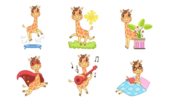 可爱的长颈鹿卡通人物集，可爱的快乐动物在不同的情况矢量插图 — 图库矢量图片