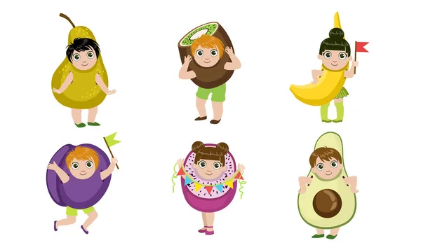 Bambini piccoli svegli vestiti come frutta Set, Pera, Kiwi, Banana, Prugna, Avocado, Avocado, Dragon Fruit Vector Illustrazione — Vettoriale Stock