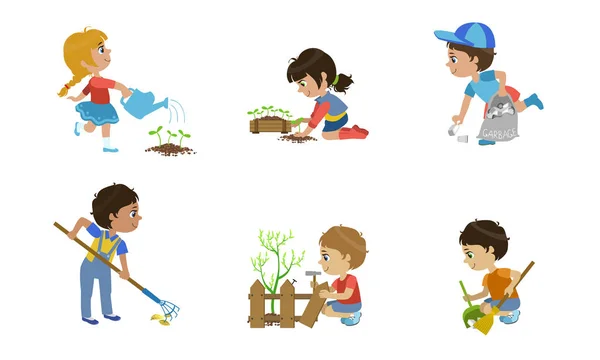 キッズボランティアセット、庭で働くかわいい子供たち、植え付けや水やり、茂みのトリミング、ゴミベクトルイラスト — ストックベクタ
