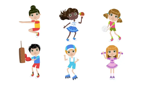 Kids doing különböző típusú sport szett, fiúk és lányok játék asztalitenisz, röplabda, guggolva, gyakorlása a súlyzók Vector illusztráció — Stock Vector