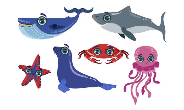 Cute Sea Creatures Colección, Océano Animales y Peces, Ballena, Tiburón, Sello, Cangrejo, Pulpo, Estrella de mar Vector Ilustración — Vector de stock