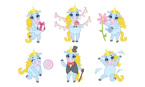 Lindo conjunto de personajes de dibujos animados unicornio, animal adorable en diferentes situaciones Vector Illustration — Archivo Imágenes Vectoriales
