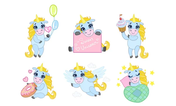 Set di personaggi dei cartoni animati carino unicorno, adorabile animale in diverse situazioni Illustrazione vettoriale — Vettoriale Stock