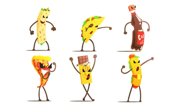 Jídla rychlého občerstvení zábavné postavy bojující sada, Pizza, Taco, Hot Dog, burrito, čokoládová tyčinka a limonáda — Stockový vektor