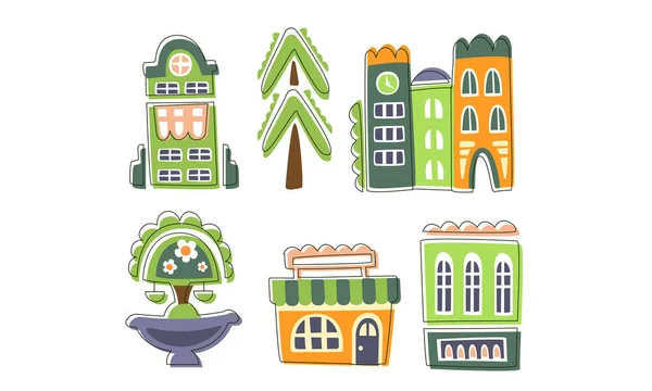 Cute City Landscape Elements Set, Case residenziali cittadine, Edifici pubblici, Alberi, Illustrazione vettoriale disegnata a mano — Vettoriale Stock