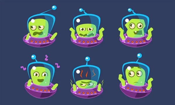 Cute Alien Character in Ufo Set, Funny Monster with Different Emotions, Green Emojis Vector Illustration — Stock Vector