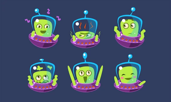 Cute Alien zestaw znaków, Funny Monster z różnych emocji, zielony emojis wektor ilustracji — Wektor stockowy