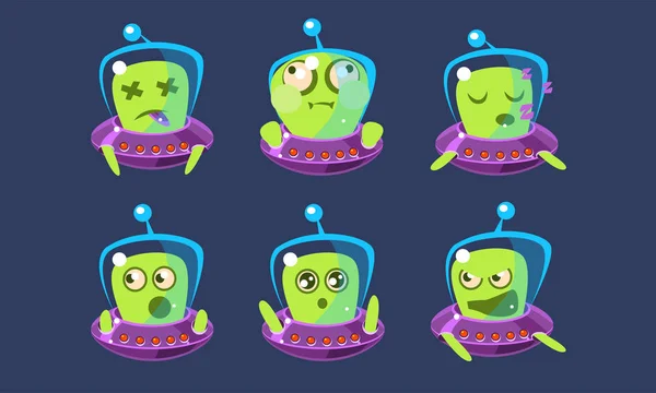 Alien Character w zestawie UFO, Funny Monster z różnych emocji, śliczne emotikony emojis Vector ilustracji — Wektor stockowy