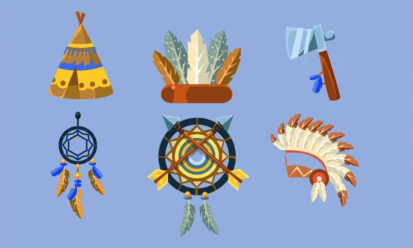 Indianer-Symbolset, ethnische Designelemente, Traumfänger, Tipi, Kopfbedeckung, Tomahawk-Vektorillustration — Stockvektor