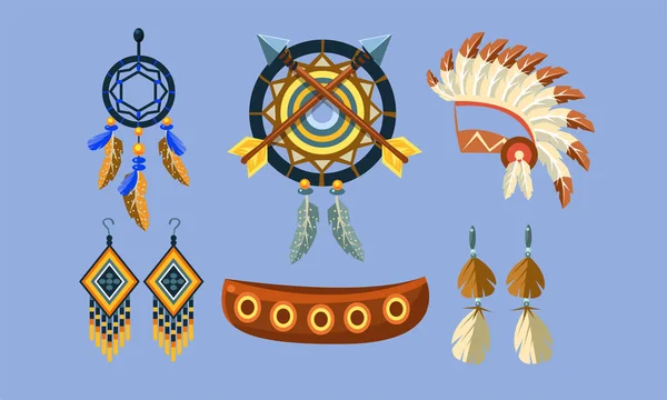 Set de Símbolos Indios Nativos Americanos, Elementos de Diseño Étnico, Atrapasueños, Canoa, Tocado, Pendientes Vector Illustration — Vector de stock