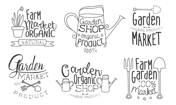 Garden Shop Organic Product Hand Drawn Badges Set, Farm Organic Market Monochrome Vector Illustration - Stok Vektor