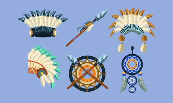 Set de Símbolos Indios Nativos Americanos, Elementos de Diseño Étnico, Atrapasueños, Tocado, Lanza Vector Ilustración — Vector de stock