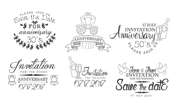 Uitnodiging voor het evenement monochroom badges set, bruiloft, behalve de datum, verjaardag design element hand getekende vector illustratie — Stockvector