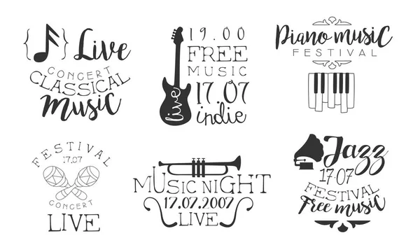 Concerto di musica classica Distintivi disegnati a mano Set, Jazz Festival, Music Night Live Monocromatico Vector Illustrazione — Vettoriale Stock