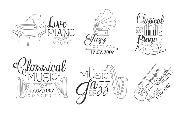 Muzyka klasyczna koncert ręcznie rysowane odznaki zestaw, festiwal jazzowy, fortepian na żywo monochromatyczny wektor ilustracja — Wektor stockowy