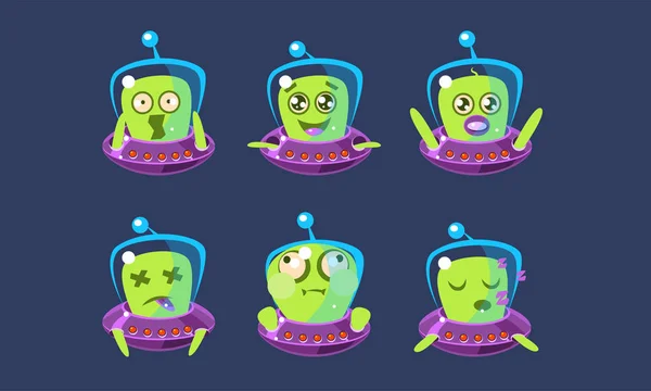 Alien Character w zestawie UFO, Funny Monster z różnych emocji wektor ilustracji — Wektor stockowy