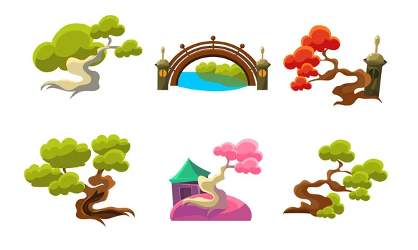 Деревья и наборы мостов, фантастические или сказочные природные ландшафтные элементы, векторная иллюстрация пользовательского интерфейса игры — стоковый вектор