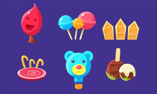 Candy Land Oyun Varlıklar Seti, Computer veya Mobile Game Interface Vector İllüstrasyon için Fairytale Manzara Fantasy Elements — Stok Vektör