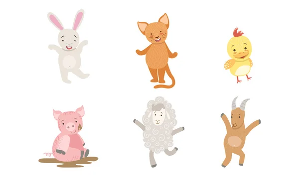 Cute Smiling Animals Set, Happy Chicken, Bunny, Cat, Pig, Sheep, Goat Vector Illustration — Stock Vector