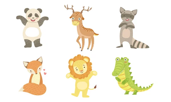 Niedliche lächelnde Tiere Set, glücklicher Panda, Hirsch, Waschbär, Fuchs, Löwe, Krokodil Vektor Illustration — Stockvektor