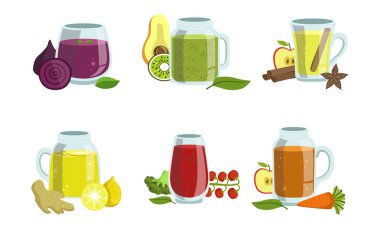 Meyve ve Sebze Smoothies Seti, Malzemelerle Detoks Kokteylleri, Cafe, Restoran, Bar Menüsü Vektör İllüstrasyon Için Tasarım Elemanı