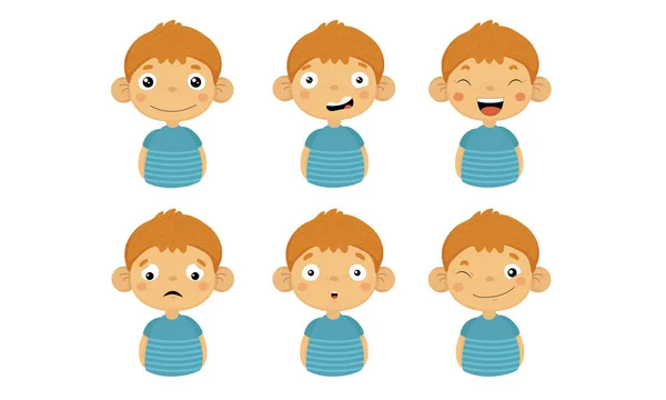 Niedlichen Jungen Gesichtsausdruck Emotionen gesetzt, Kinder Gesicht mit verschiedenen Ausdrücken, Junge zeigt Stimmungen Vielfalt Vektorillustration — Stockvektor