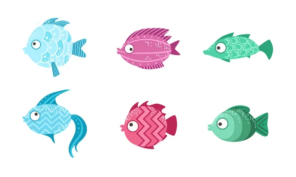 Niedliches Fisch-Set, Meeres- oder Aquarienfischvektorillustration — Stockvektor