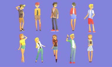 Modaya Uygun Kıyafet Seti Giymiş Erkek ve Kızlar, Karizmatik Gençler Karakterleri Vektör İllüstrasyon