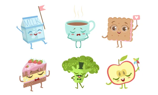 Ensemble de personnages amusants mignons d'aliments, emballage de lait, tasse de thé, biscuit, gâteau, brocoli, illustration vectorielle de pomme — Image vectorielle