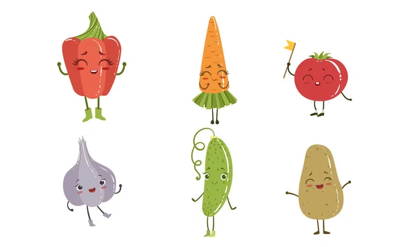 Conjunto de personagens vegetais felizes bonitos, pimenta, cenoura, tomate, alho, pepino, ilustração do vetor de batata —  Vetores de Stock