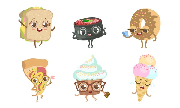 Set de personajes de alimentos divertidos lindos, sándwich, rollo de sushi, donut, pizza, magdalena, ilustración de vectores de helado — Vector de stock