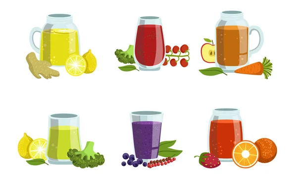 Набор фруктово-овощных коктейлей, коктейли "Здоровый детокс" с ингредиентами, элемент дизайна для кафе, ресторан, векторная иллюстрация меню баров — стоковый вектор