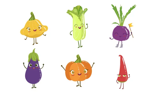 Lindo juego de caracteres vegetales felices, calabaza, col china, remolacha, berenjena, cebolla, ilustración de vectores de pimienta picante — Vector de stock