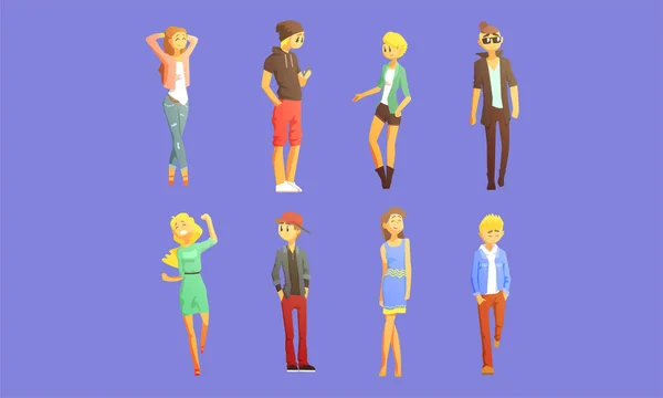 Fashionable Guys and Girls Dressed in Trendy Clothes Set, Charismatic Young People Characters Vector Illustration - Stok Vektor