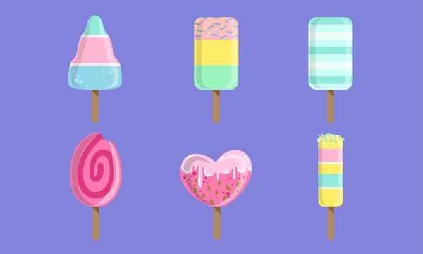 Insamling av glass, färgglada frukter popsicles vektor illustration — Stock vektor