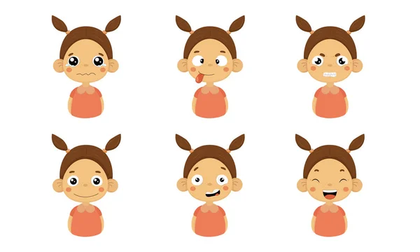 Niedliches Mädchen Gesichtsausdruck Emotionen gesetzt, Kinder Gesicht mit verschiedenen Ausdrücken Vektor Illustration — Stockvektor