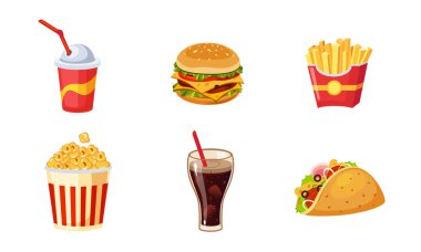 Fast Food Yemekleri Seti, Patates Kızartması, Hamburger, Soda İçeceği, Taco, Patlamış Mısır, Kahve Vektör İllüstrasyon