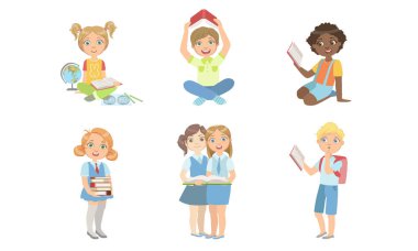 Çocuk Okuma Kitapları Seti, İlköğretim Okulu Öğrencileri Eğitim ve Edebiyat Vektör İllüstrasyon Zevk