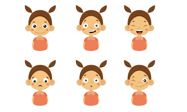 Conjunto de emoções faciais menina bonito, Rosto de crianças com expressões diferentes, Menino mostrando humores Variety Vector Ilustração —  Vetores de Stock