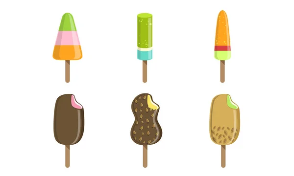 Insamling av glass, färgglada choklad och frukt popsicles vektor illustration — Stock vektor