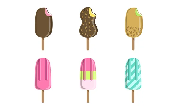 Collection of Ice Cream, Chocolate and Fruit Popsicles Vector Illustration — Stock Vector