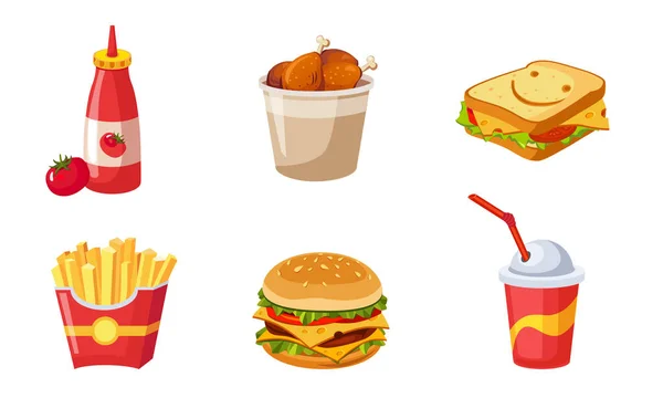 Set di piatti fast food, bottiglia di ketchup, coscia, sandwich, patatine fritte, Hamburger, illustrazione vettoriale della bevanda di soda — Vettoriale Stock