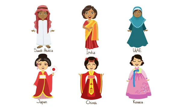 Kinder in traditionellen Kostümen Set, saudi arabien, indien, uae, japan, china, Korea Vektor Illustration — Stockvektor