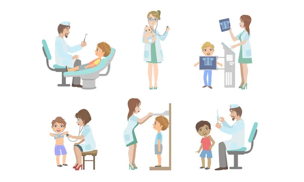 Läkare gör medicinsk undersökning av barn som, medicinsk personal som ger behandling till små patienter vektor illustration — Stock vektor
