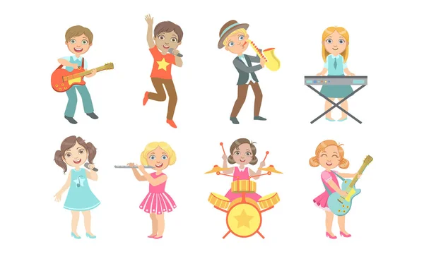 Niños tocando instrumentos musicales y conjunto de canto, músicos talentosos de niños y niñas actuando en el escenario Vector Ilustración — Vector de stock