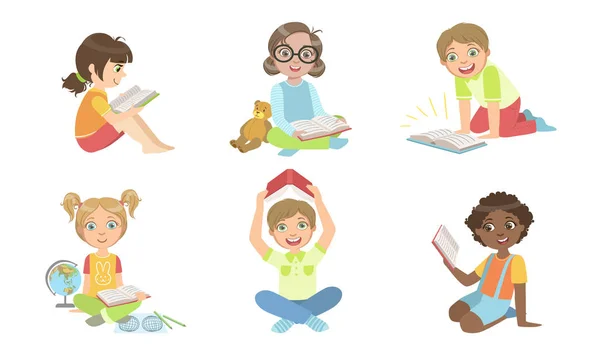 Kid Reading Books Set, Cute Boys and Girls Studying and Enjoying Literature Vector Illustration — Stockový vektor