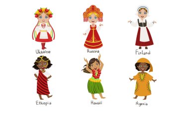 Geleneksel Kostümler Seti Çocuklar, Ukrayna, Rusya, Finlandiya, Etiyopya, Hawaii, Nijerya Vektör İllüstrasyon