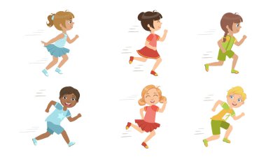 Sevimli Çocuklar Koşu Seti, Sevimli Erkek ve Kızlar Spor Yapıyor, Koşu Yarışması Vektör İllüstrasyon Yer Alma